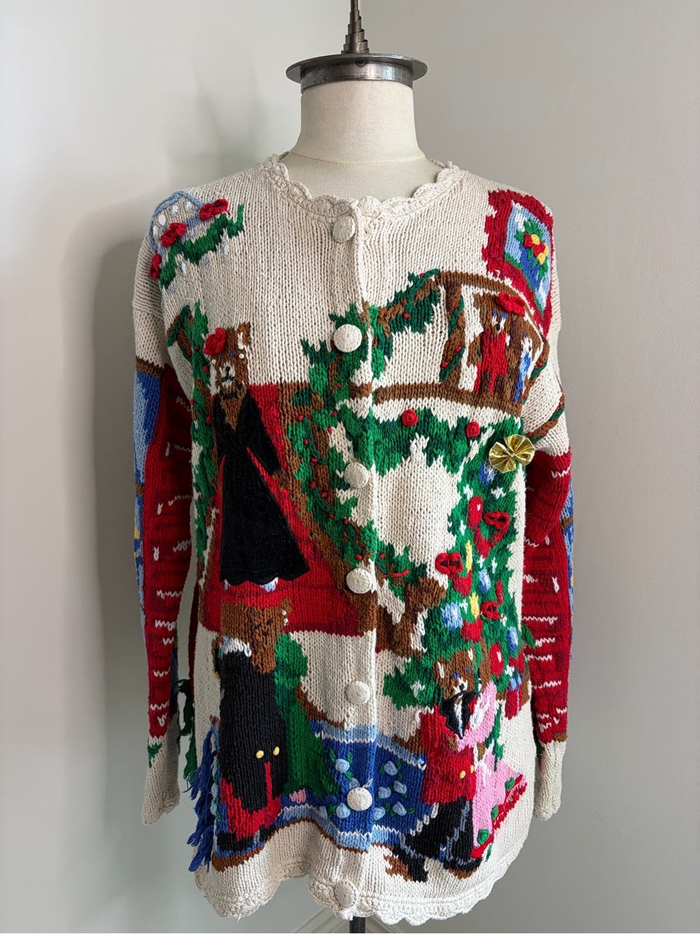 Vintage Holiday Bear Cardigan Sweaters Piano Party Chunky Knit SIZE MEDIUM